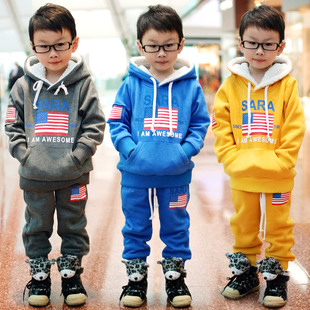  百趣童装 男童冬装韩版加厚羊羔绒双层抓绒卫衣裤子儿童棉衣套装