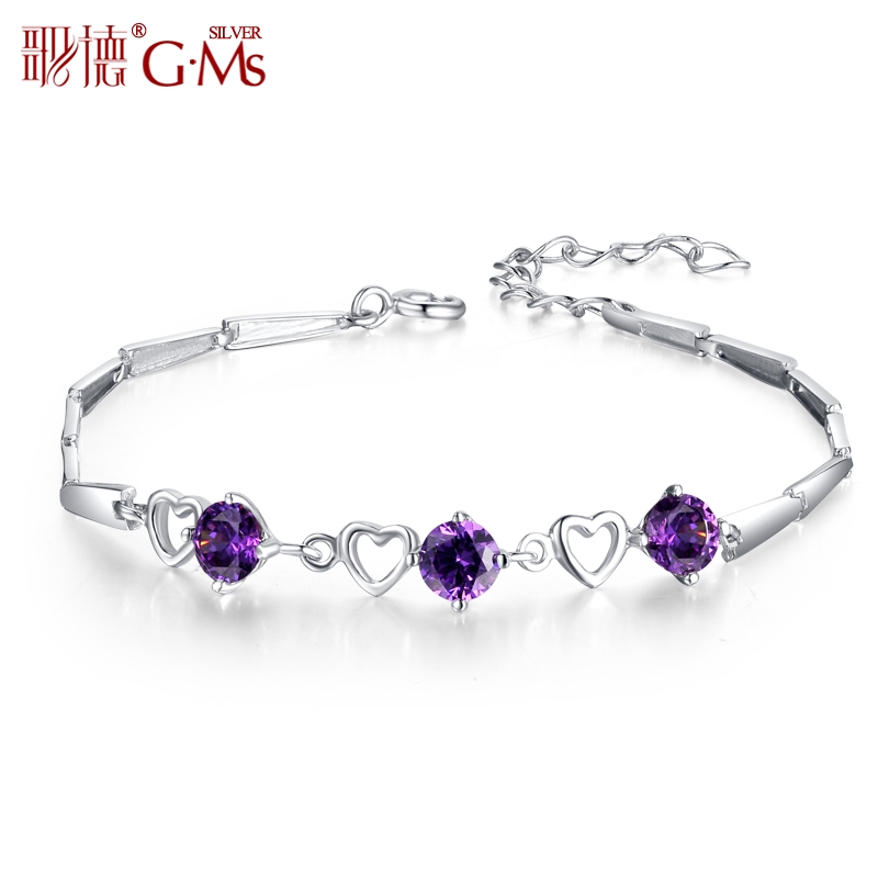 银饰 手链女纯银 韩版可爱时尚 紫水晶爱心简约银手链925纯银女士 银饰 手链女纯银 韩版可爱时尚 紫水晶爱心简约银手链925纯银女士