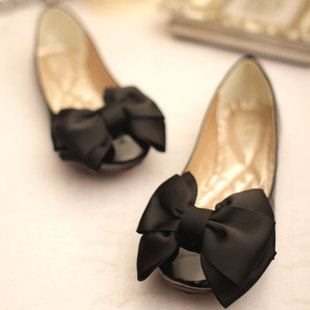  新款平跟单鞋方头蝴蝶结漆皮黑色平底鞋欧美英伦女鞋皮鞋大码