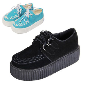  新款欧美厚底松糕鞋 VIVI杂志原宿系带黑色真皮女鞋英伦复古