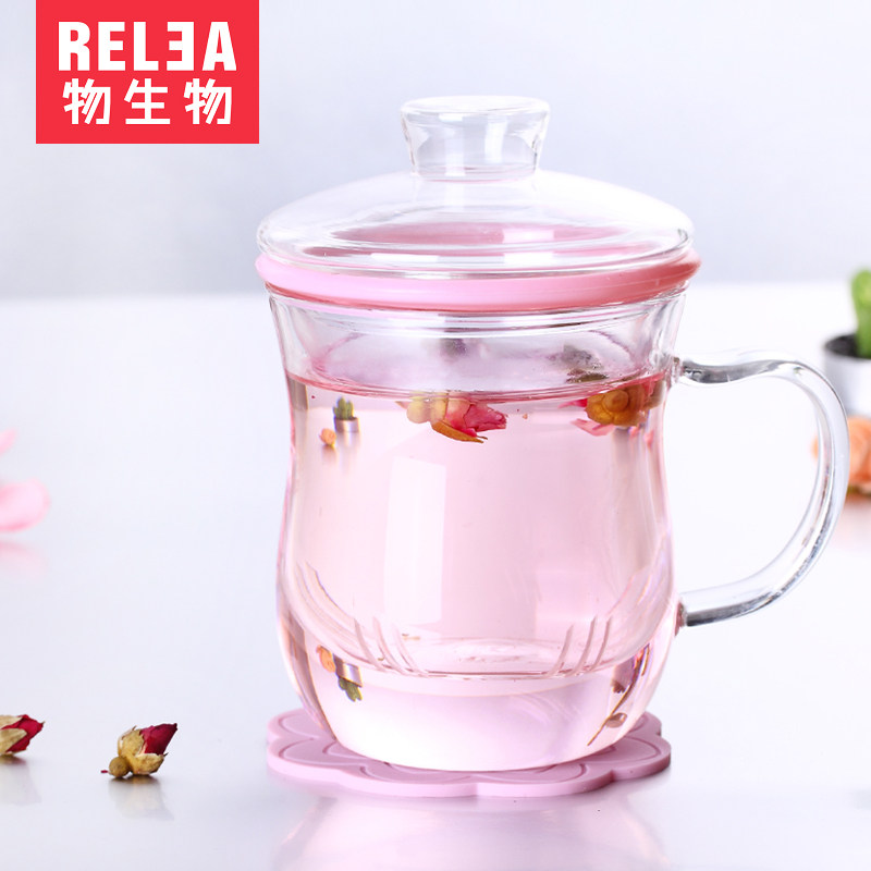 物生物泡茶杯 耐热玻璃杯创意柠檬花茶杯子 带盖办公过滤透明水杯