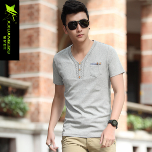  星矿e族新款夏装男短袖T恤男 韩版修身男装纯棉v领打底衫t恤