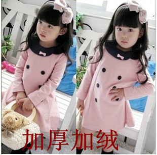 童装秋装新款韩版双排扣女童长袖连衣裙儿童加厚抓绒公主裙子