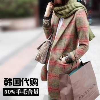 <em>Etam</em>/<em>艾格</em>中长款格子粉色韩系<em>毛呢外套2014</em>新