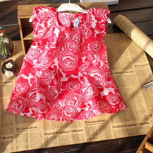  外贸原单童装法国大牌女童儿童红色玫瑰花朵纯棉连衣裙背心娃娃裙