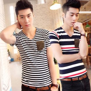  包邮夏款新品韩版男士条纹短袖t恤 小v领潮男半袖体恤衫 男TE