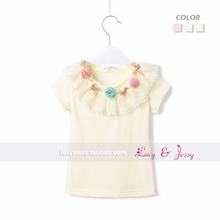 2013 summer new children's clothing female baby solid color casual short-sleeved t-shirt lady bottoming shirt collar decorated with three-dimensional