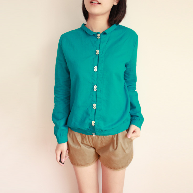 气质小翻领棉麻衬衫...