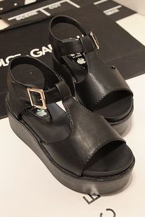  春夏季新款欧美风复古简约厚底坡跟松糕鱼嘴凉鞋罗马鞋女鞋子