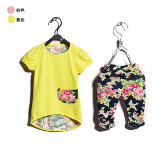  童装夏装新款女童 韩版儿童短袖T恤中裤七分裤运动套装2件套