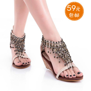  春夏季韩版波西米亚风罗马金属装饰复古串珠坡跟夹趾女士凉鞋