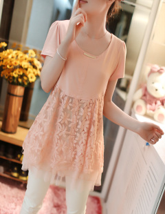  飞鱼女装夏装新款韩版潮流蕾丝刺绣网纱裙摆圆领短袖T恤女款8864