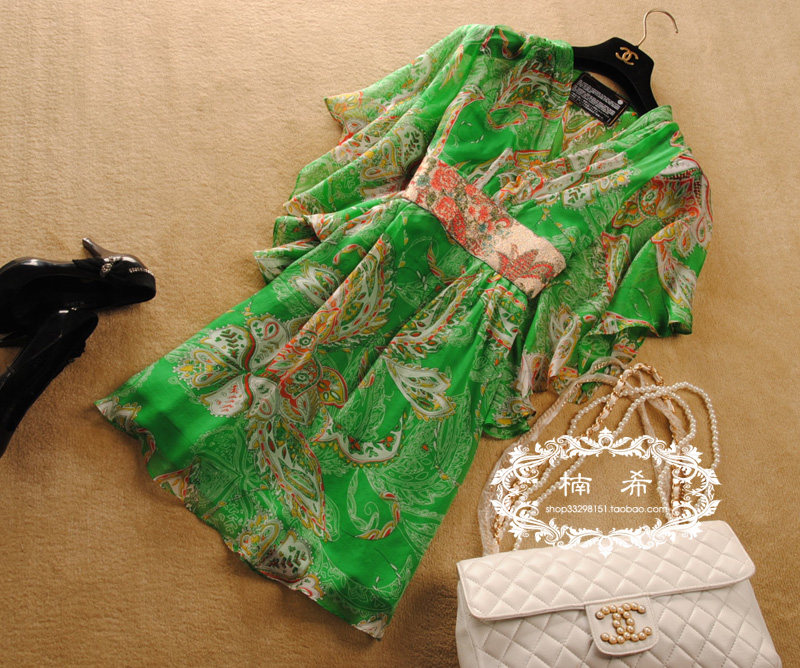 2013夏装新品  复古仙女  绝美惊艳绿色印花真丝连衣裙