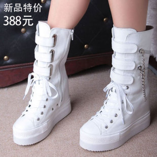  10cm秋冬魔术贴牛皮中筒欧美女靴骑士靴内增高厚底鞋松糕靯高帮鞋