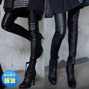  春装新款女士欧美冬加绒加厚铅笔小脚靴裤拼接皮裤PU皮革打底长裤