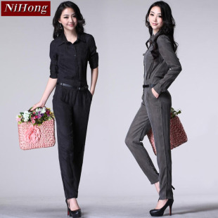  春装 黑色桑蚕丝 连体裤 高档女长裤子 口袋 直筒连身裤 腰带