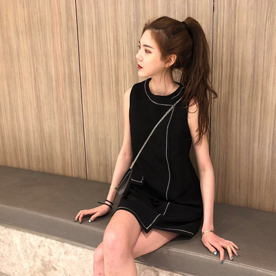 2018夏季新品女装韩版气质简约不规则裙摆A字显瘦无袖连衣裙女潮