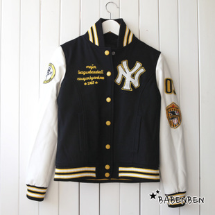  新冬款MLB纽约NY杨基PU袖毛呢运动夹克棒球棉服加厚短外套女