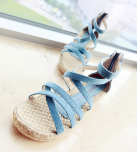  超夯质感森女风简约线条百搭复古怀旧罗马小坡跟牛仔凉鞋