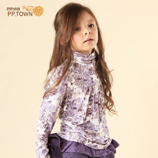  [pptown]秋装儿童长袖t恤女童打底衫高领T恤纯棉碎花童装0535