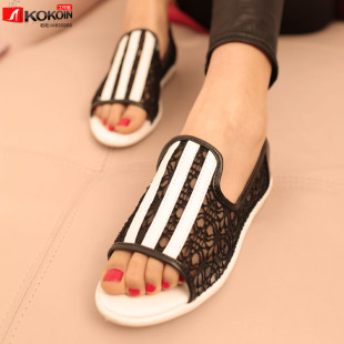  夏款新品复古淑女甜美风蕾丝网布拼色低跟坡跟鱼嘴鞋凉鞋女鞋子