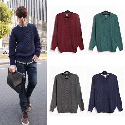 欧美风棒针<em>毛衣男士</em>扭花纯色<em>加厚</em>休闲复古<em>羊毛</em>