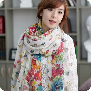 特价韩国秋冬女版丝巾百搭田园小碎花长款围巾百花争艳沙滩巾披肩