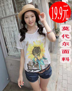  莫代尔白色夏装淘女式郎韩版批发上衣向日葵油画图案圆领短袖T恤