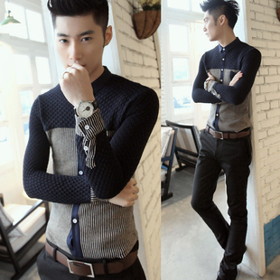  新款男士长袖衬衫男装韩版修身小领条纹拼接加厚磨毛休闲衬衣潮男