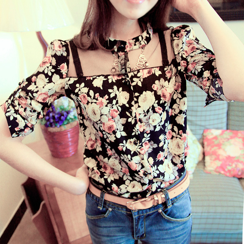 复古清新立领网纱...