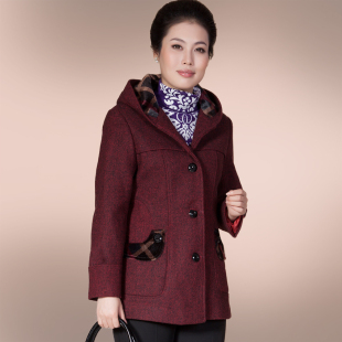  【聚】特价中长款连帽中老年毛呢外套秋冬女装时尚妈妈装中年服饰