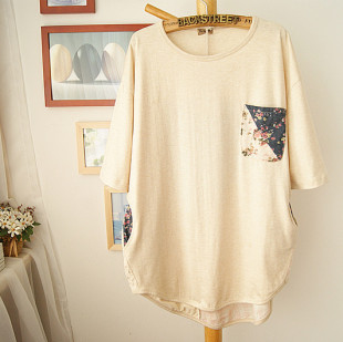  春夏款新款宽松蝙蝠袖短袖圆领纯棉拼接碎花蕾丝大码女T恤
