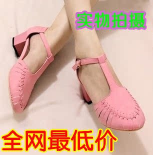  夏季新款女鞋t型带荧光裸色中跟凉鞋小粗跟日系英伦风女单鞋