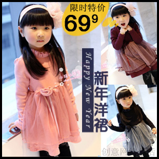  冬装新款韩版儿童装小孩裙子女童加厚碎花蓬纱公主新年连衣裙