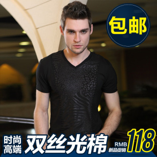  包邮13夏季新品v领男士短袖T恤衫 豹纹pu个性韩版修身双丝光棉T恤