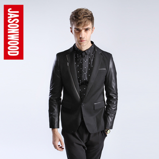  【特卖惠】春装JASONWOOD男修身休闲西装PU皮拼接外套1211005500