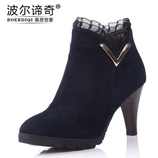  波尔谛奇春季新品短靴 女 真皮女鞋侧拉链时尚高跟鞋 817-01