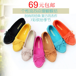  春季新款欧美风英伦风流苏唐卡真皮单鞋平底跟圆头豆豆鞋女鞋