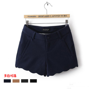  秋冬新款韩版大码显瘦波浪纹高腰毛呢短裤 冬季呢子短靴裤 女