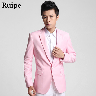 ruipe新款男韩版修身休闲西装西服男式粉色小西装一粒扣伴郎外套