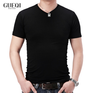  夏季韩版新款 男紧身休闲短袖t恤 纯棉纯色T恤百搭v领打底衫