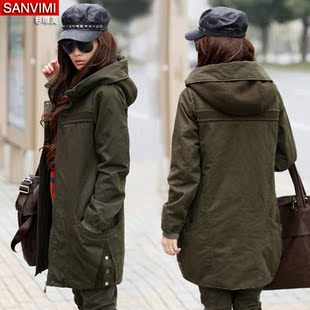  冬装新款女装 军绿色加厚休闲棉衣女外套 韩版大码长款大衣