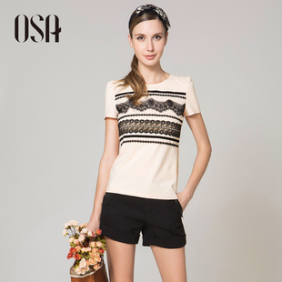  OSA新品修身通勤女装泡泡袖蕾丝拼接圆领短袖T恤女士T32101