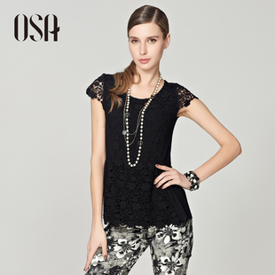  迷情午夜OSA夏季新款女装 蕾丝拼接短袖T恤T33023