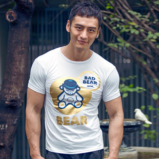  男士短袖t恤夏款韩版修身t恤GYMCOLLEGE烫金小熊头像圆领男式t恤