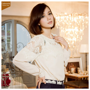  Catworld~新款秋冬女装11403258蕾丝缕空拼接雪纺纱衫