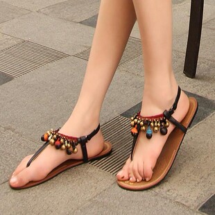  包邮新品平底凉鞋女真皮夹趾串珠罗马鞋子复古裂帛民族风女鞋