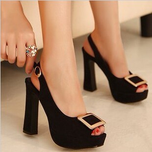  欧美风复古夜店粗跟鞋绒面厚底防水台鱼嘴鞋超高跟凉鞋女鞋小码34