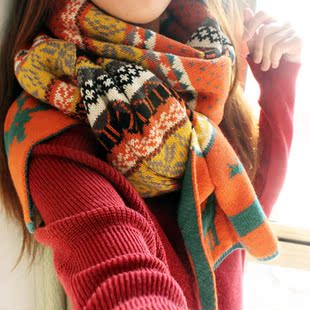  ILNTA韩版新款 秋冬保暖围巾 圣诞新年毛线针织双面小鹿围巾披肩