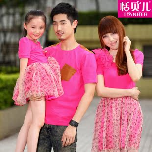  亲子装夏装全家装亲子装夏装韩版母女装连衣裙父子装短袖T恤